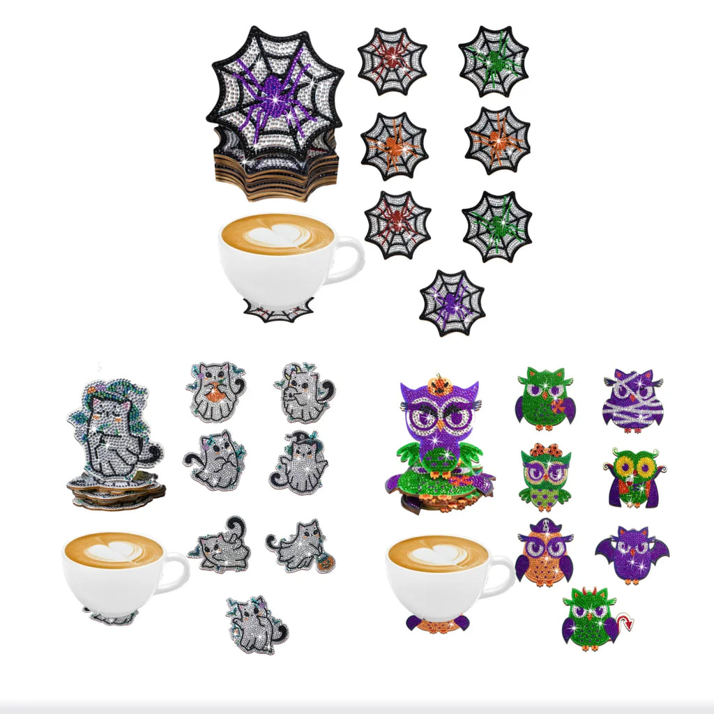 Dessous de Verre Halloween à Diamanter — Kit Créatif 8 Pièces en Bois