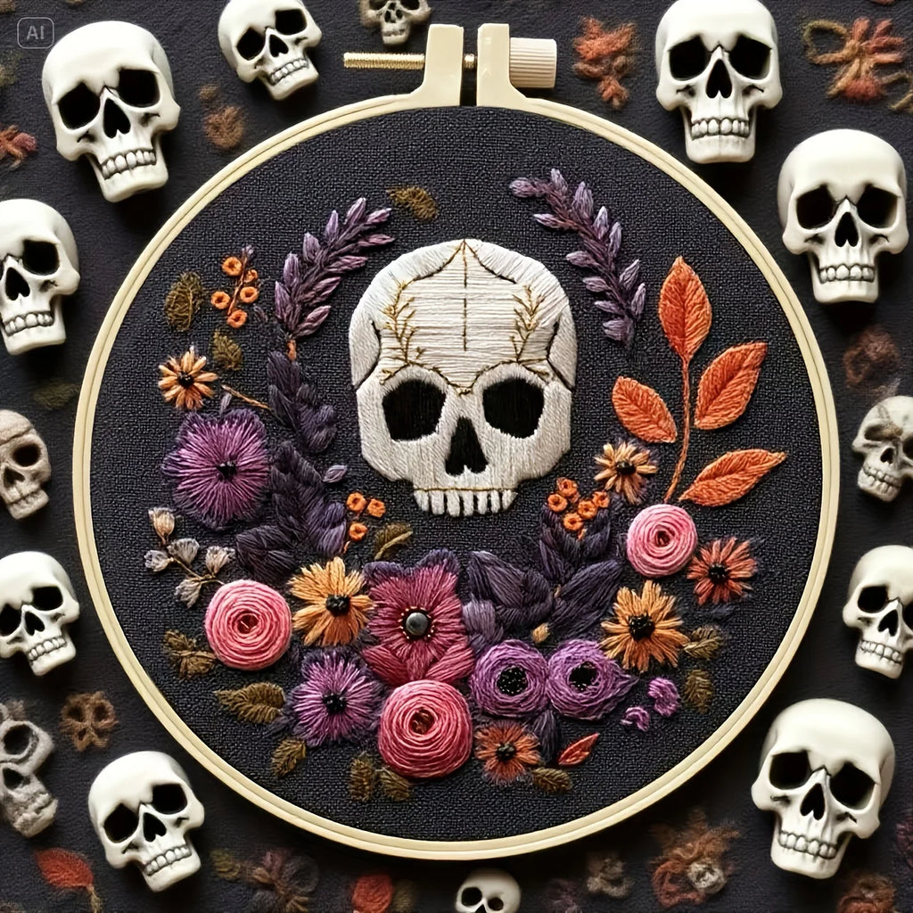 Kit Broderie Halloween — Crânes Fleuris à Broder Soi-Même