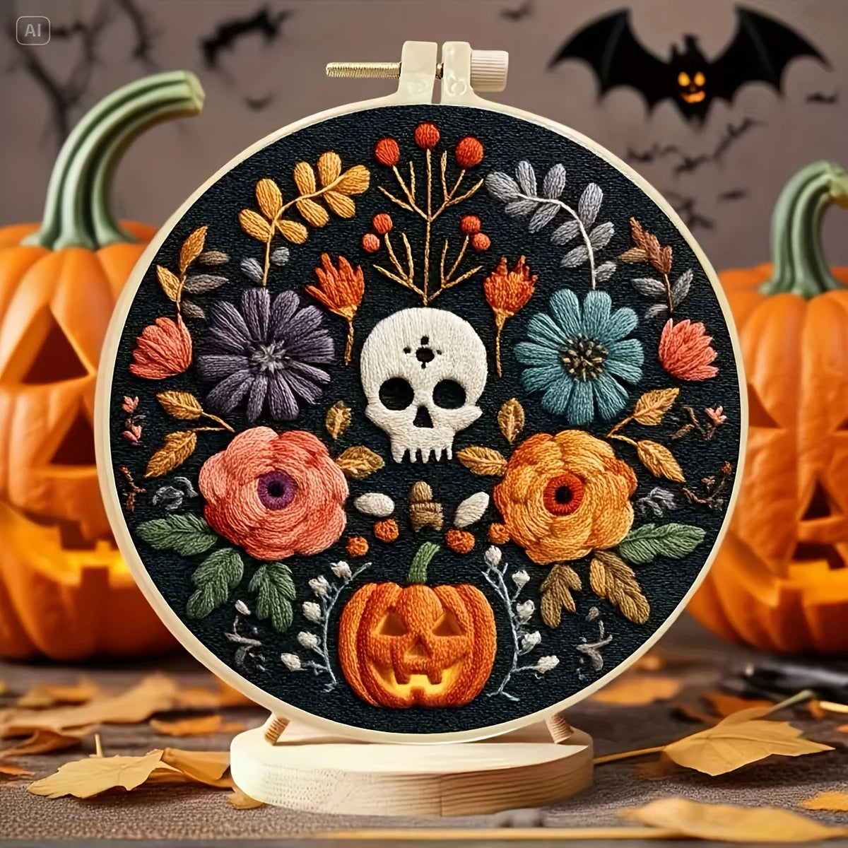 Kit Broderie Halloween — Crânes Fleuris à Broder Soi-Même
