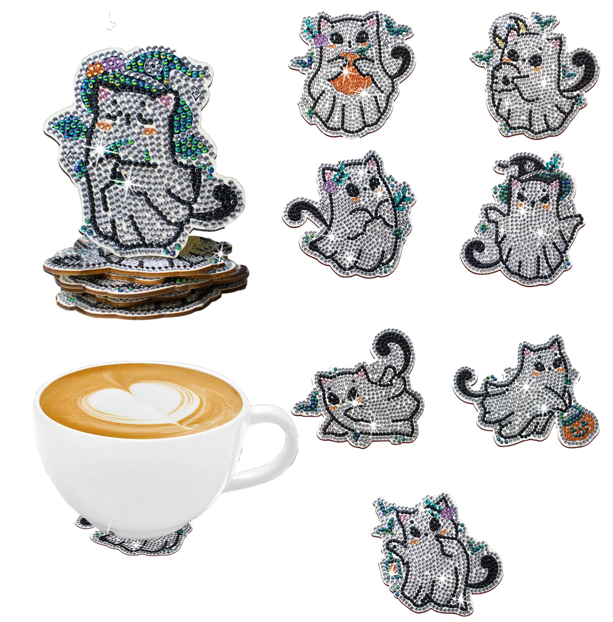 Dessous de Verre Halloween à Diamanter — Kit Créatif 8 Pièces en Bois
