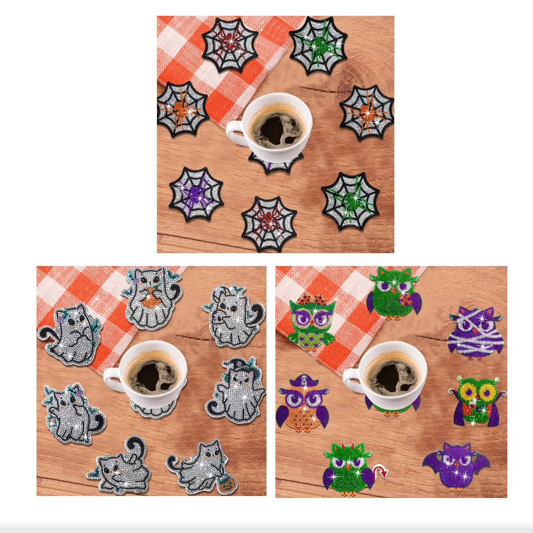 Dessous de Verre Halloween à Diamanter — Kit Créatif 8 Pièces en Bois