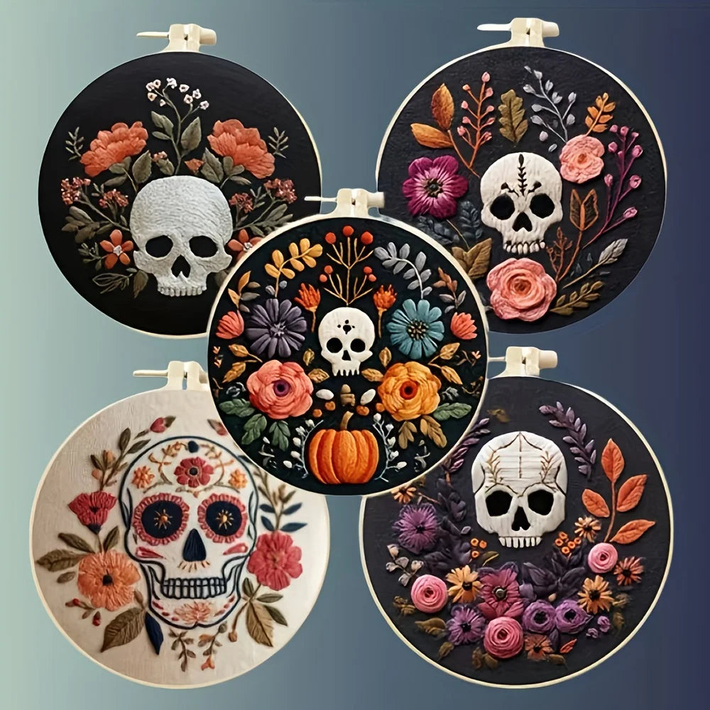 Kit Broderie Halloween — Crânes Fleuris à Broder Soi-Même
