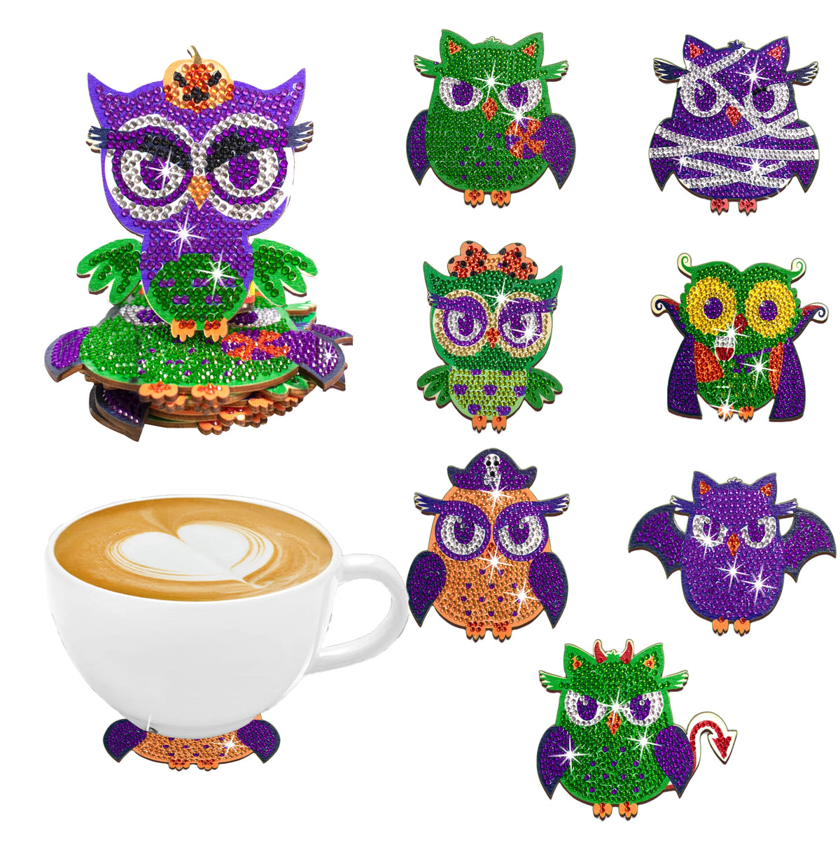 Dessous de Verre Halloween à Diamanter — Kit Créatif 8 Pièces en Bois