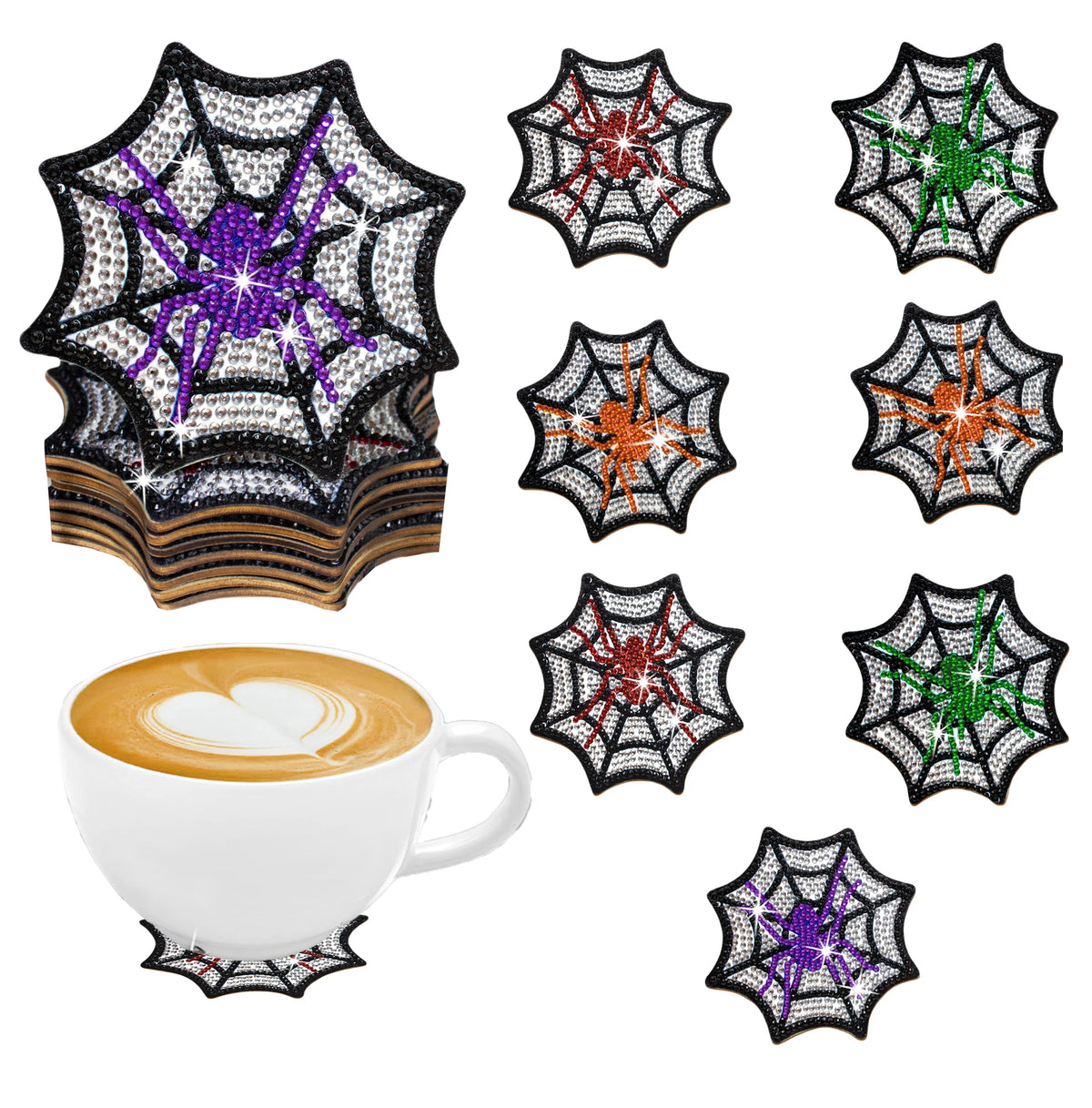 Dessous de Verre Halloween à Diamanter — Kit Créatif 8 Pièces en Bois